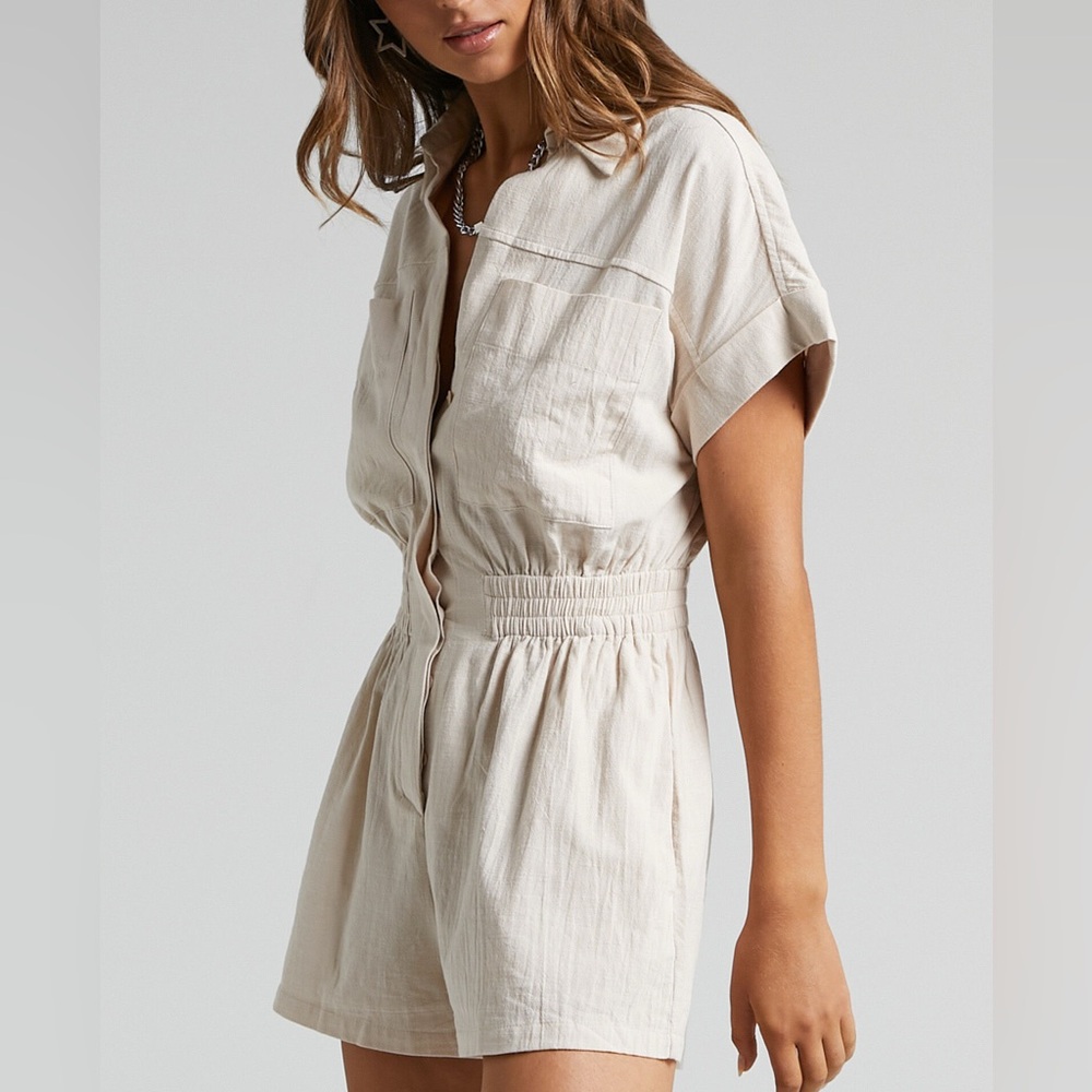 SHOWPO| Daralyn Collared Button Down Utility Romper Beige | SIZE 2 NWT